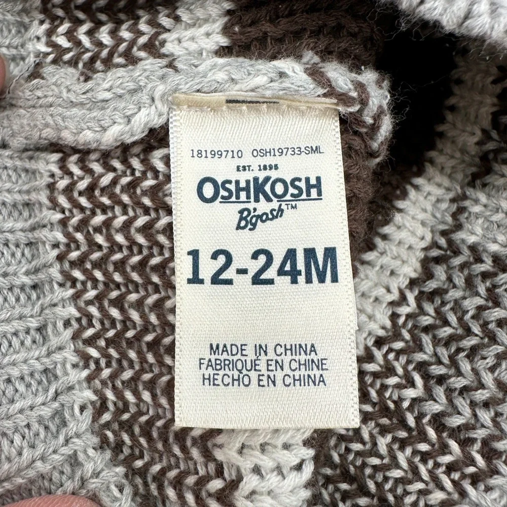 OshKosh B'gosh Baby Bear Beanie Hat Grey Brown Pom Pom Ears NWOT 12-24 Months